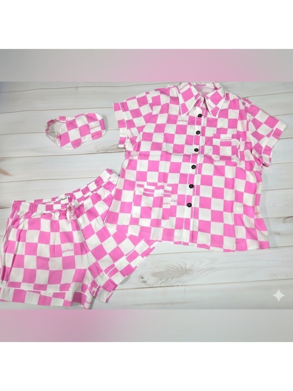 PATTIINI Pink Check Short Sleeve Pajama Lounge Set W/ Eye Mask Medium - NWT